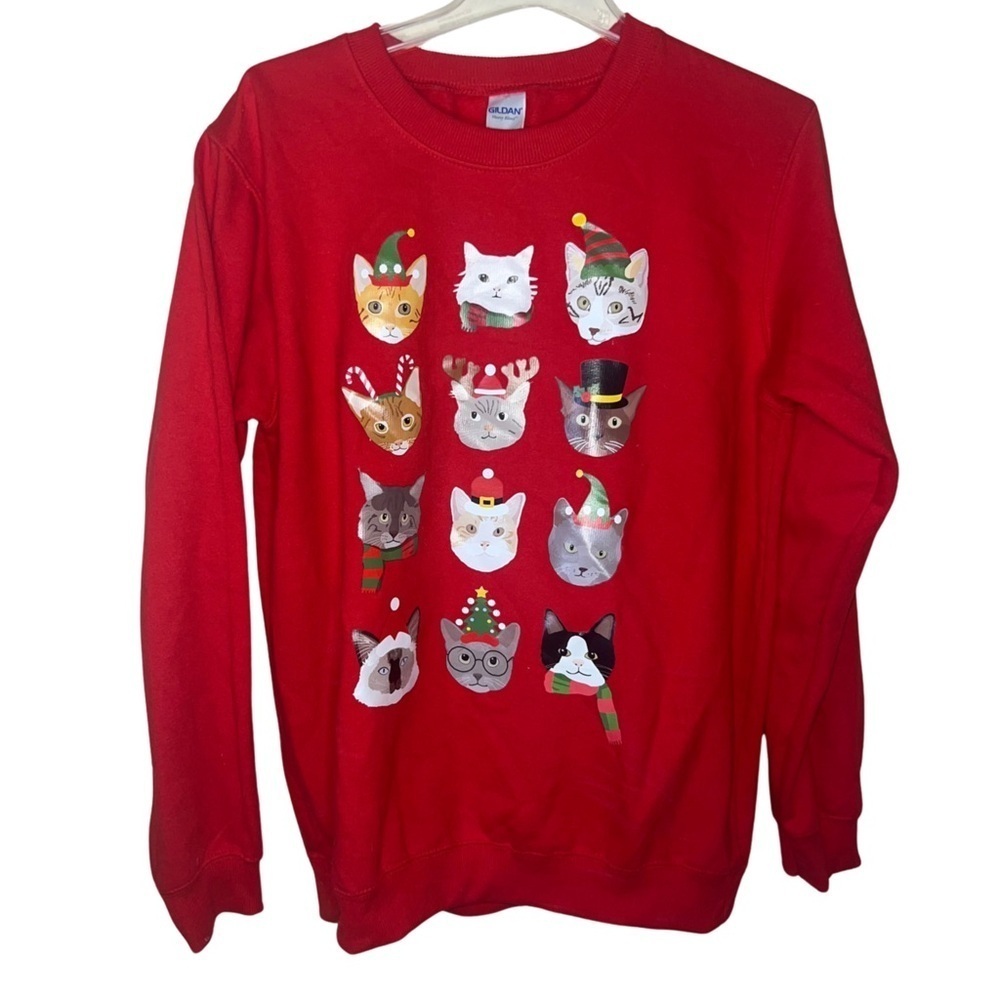 Gildan Christmas Cats Crewneck Sweatshirt Red Unisex Size Large